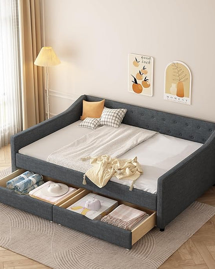 Full Size Daybed with 2 Drawers, Upholstered Tufted Sofa Bed with Button on Back and Piping on Waved Shape Arms for Bedroom, Apartment, Living Room, Wooden Slats Support, Dark Grey - LeafyLoom