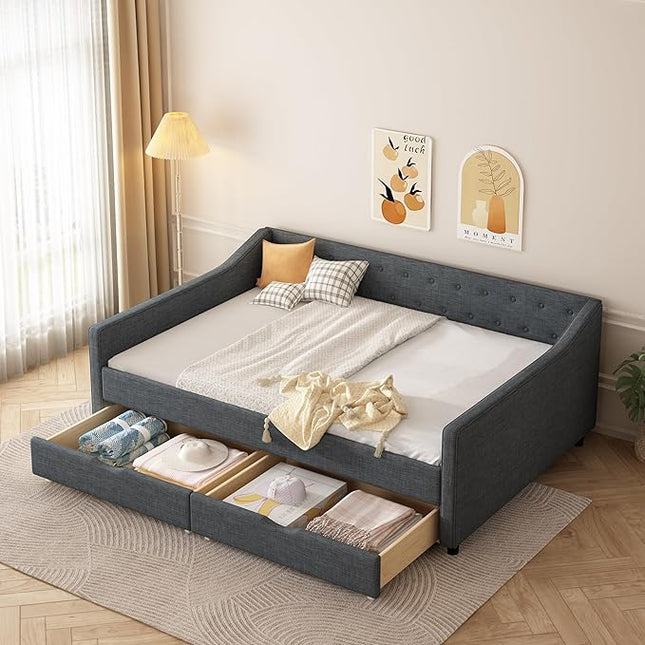 Full Size Daybed with Drawers, Linen Upholstered Tufted Sofa Bed Frame with Button on Back, Waved Shape Arms, Wooden Slats Support, Space-Saving for Apartment,Bedroom - LeafyLoom