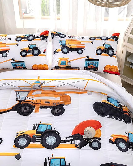 CVHOUSE Tractor Bedding Sets for Boys,Excavators Comforter King,Boys Cartoon Truck Comforter Set,Trucks Tractors Cars Quilt Set with 1 Comforter and 2 Pillow Cases- 3 Piece - LeafyLoom