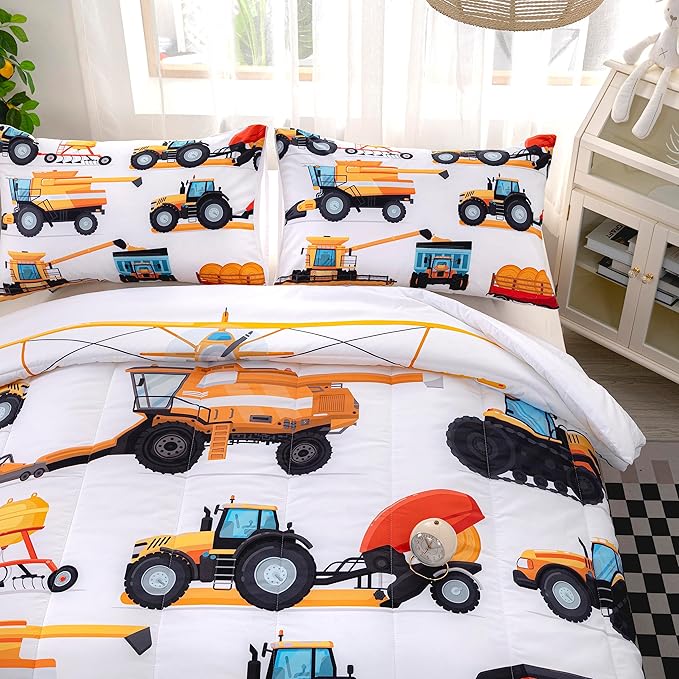 CVHOUSE Tractor Bedding Sets for Boys,Excavators Comforter Twin,Boys Cartoon Truck Comforter Set,Trucks Tractors Cars Quilt Set with 1 Comforter and 2 Pillow Cases- 3 Piece - LeafyLoom