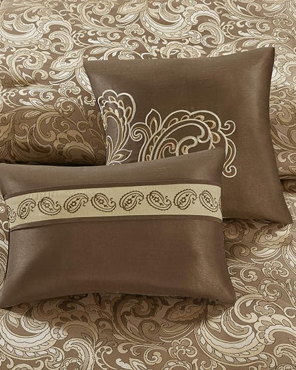 Madison Park Essentials Brystol 24 Piece Room in a Bag Faux Silk Comforter Jacquard Paisley Design Matching Curtains Down Alternative Hypoallergenic All Season Bedding-Set, King(104"x92"), Brown - LeafyLoom