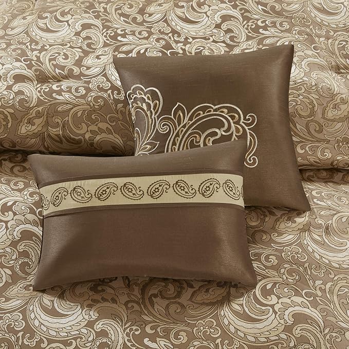 Madison Park Essentials Brystol 24 Piece Room in a Bag Faux Silk Comforter Jacquard Paisley Design Matching Curtains Down Alternative Hypoallergenic All Season Bedding-Set, King(104"x92"), Brown - LeafyLoom