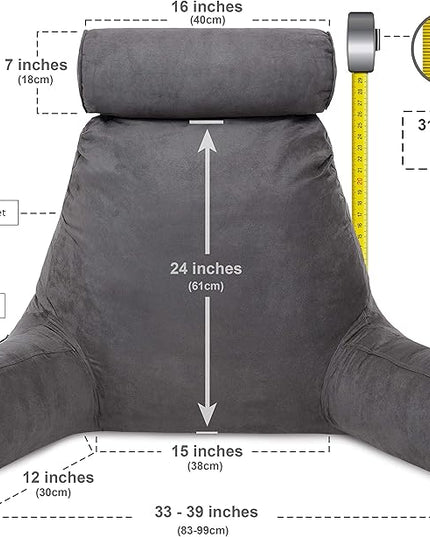 Husband Pillow XXL Aspen Edition, Adult Reading Sit Up Bed Rest Pillow for Bed with Arms & Neck Roll on Bungee Cord - Premium Memory Foam - Reversible 2 Sided Cover Micro Suede or Plush, Iron Grey - LeafyLoom