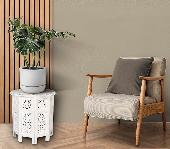 Round Side Table,Small Table, Round End Table,Side Table, Side Tables Living Room,End Table,Altar Table, Carved Side Table,Wood Accent Table,Carved Wood Table 18" Round Top x 18" High White Antique - LeafyLoom