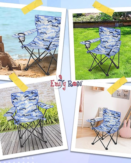 Emily Rose Kids Folding Chair | Beach Chair with Safety Lock- Camping Chair for Boyos Girls Toddler with Cup Holder & Carry Case- Tailgate, Travel, Lawn- for Indoor & Outdoor (Blue Camo) - LeafyLoom