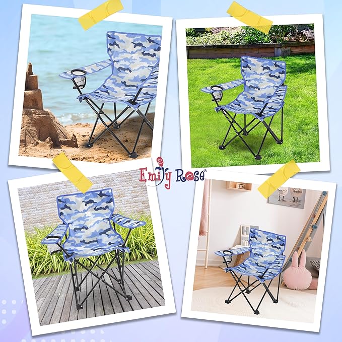Emily Rose Kids Folding Chair | Beach Chair with Safety Lock- Camping Chair for Boyos Girls Toddler with Cup Holder & Carry Case- Tailgate, Travel, Lawn- for Indoor & Outdoor (Blue Camo) - LeafyLoom