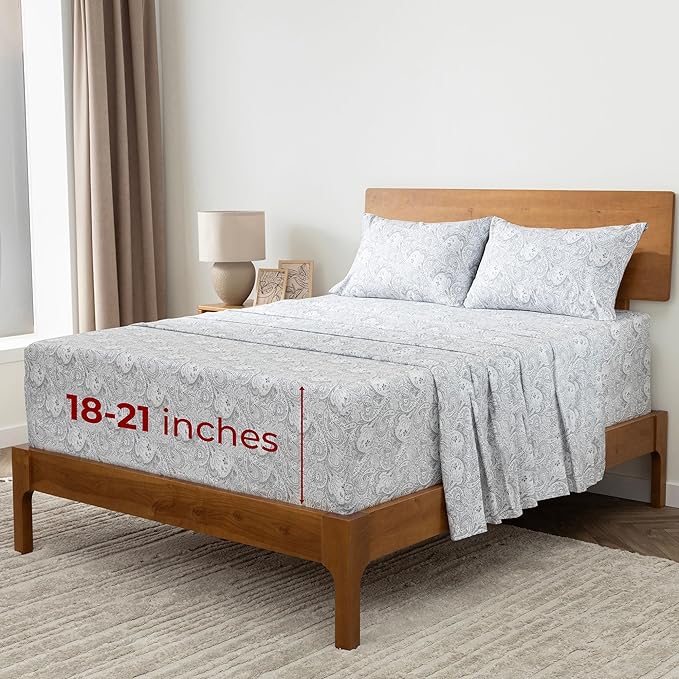 Mellanni Extra Deep Full Sheets - 4 PC Iconic Collection Bedding Sheets & Pillowcases - Hotel Luxury, Ultra Soft, Cooling Bed Sheets - Extra Deep Pocket up to 21 inch (Full, Paisley Gray) - LeafyLoom
