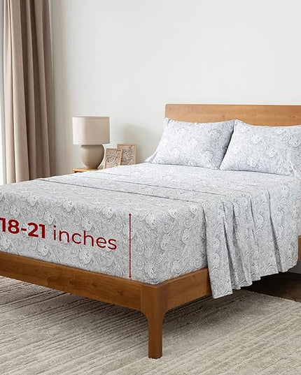 Mellanni Extra Deep Queen Sheets - 4 PC Iconic Collection Bedding Sheets & Pillowcases - Hotel Luxury, Ultra Soft, Cooling Bed Sheets - Extra Deep Pocket up to 21 inch (Queen, Paisley Gray) - LeafyLoom