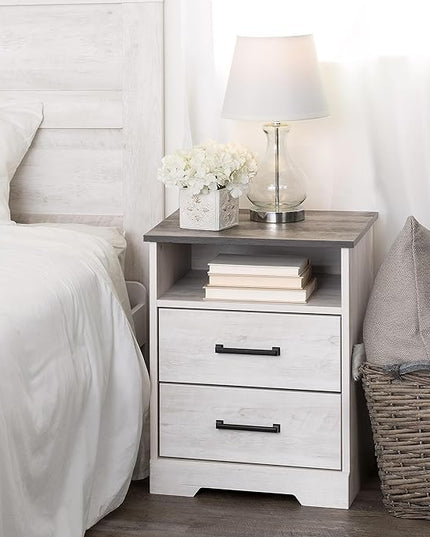Prepac Rustic Ridge Farmhouse Nightstand with 2 Drawers and an Open Cubby, Wooden Bedside Table for Bedroom, Office, or Living Room, 16.25in x 18.75in x 24.5in, Washed White - LeafyLoom