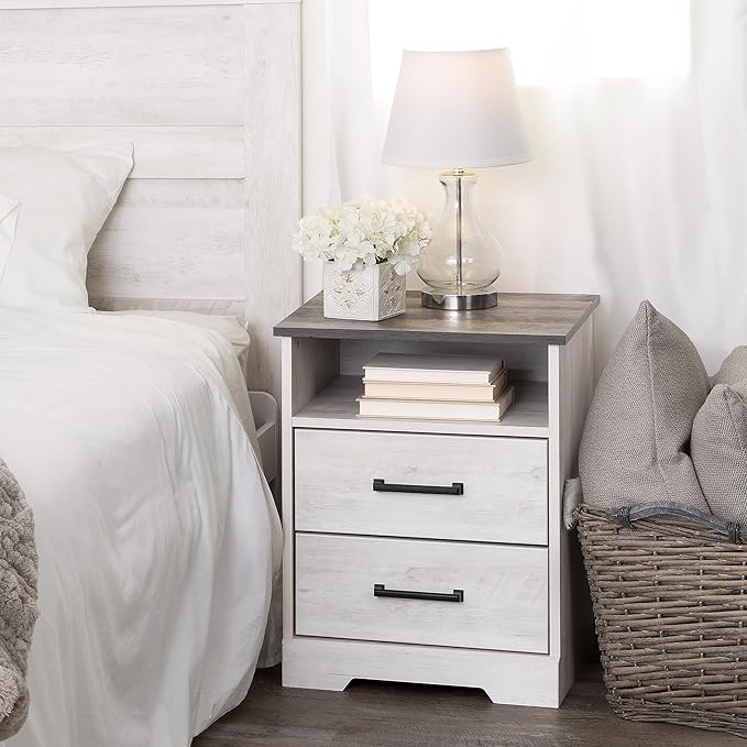 Prepac Rustic Ridge Farmhouse Nightstand with 2 Drawers and an Open Cubby, Wooden Bedside Table for Bedroom, Office, or Living Room, 16.25in x 18.75in x 24.5in, Washed White - LeafyLoom