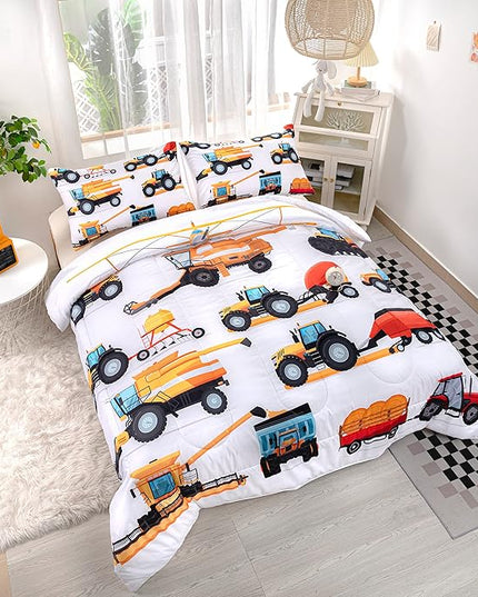 CVHOUSE Tractor Bedding Sets for Boys,Excavators Comforter King,Boys Cartoon Truck Comforter Set,Trucks Tractors Cars Quilt Set with 1 Comforter and 2 Pillow Cases- 3 Piece - LeafyLoom