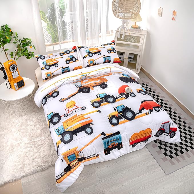 CVHOUSE Tractor Bedding Sets for Boys,Excavators Comforter King,Boys Cartoon Truck Comforter Set,Trucks Tractors Cars Quilt Set with 1 Comforter and 2 Pillow Cases- 3 Piece - LeafyLoom