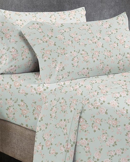 California Design Den Printed Pattern Rose Queen Sheet Set, 100% Cotton Sateen 4 Pc Deep Pocket Queen Sheets & Pillowcase Set - Vintage Rose - LeafyLoom
