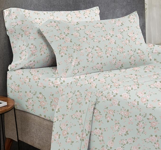 California Design Den Printed Pattern Rose Queen Sheet Set, 100% Cotton Sateen 4 Pc Deep Pocket Queen Sheets & Pillowcase Set - Vintage Rose - LeafyLoom