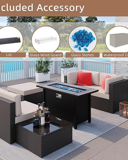 Shintenchi 6 Pieces Patio Furniture Sets w/Fire Pit Table, Outdoor Conversation Set w/50,000 BTU Steel Gas Fire Pit, Beige Patio Rattan Sectional Sofa Set w/Brown Top Fire Pit - LeafyLoom