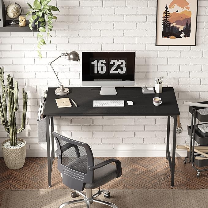 CubiCubi Computer Desk 47" Study Writing Table for Home Office, Modern Simple Style PC Desk, Black Metal Frame, Black - LeafyLoom