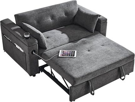 4 in 1 Multifunctional Convertible Loveseat Sleeper Sofa Bed,Soft Chenille Tufted Love Seats Sofabed W/Pull Out Sleep Couch,Armrests Storage,Cupholders,USB Ports,Pillows and Side Pockets - LeafyLoom