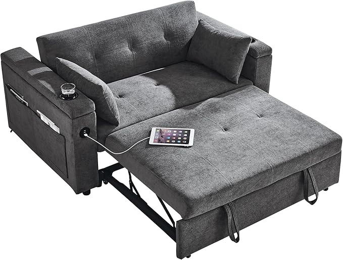 4 in 1 Multifunctional Convertible Loveseat Sleeper Sofa Bed,Soft Chenille Tufted Love Seats Sofabed W/Pull Out Sleep Couch,Armrests Storage,Cupholders,USB Ports,Pillows and Side Pockets - LeafyLoom
