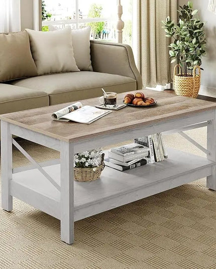 YITAHOME Coffee Table for Living Room,Modern Farmhouse Coffee Table with Storage,2-Tier Center Table for Living Room Wood Living Room Table Accent Cocktail with Sturdy Frame,Grey Wash - LeafyLoom