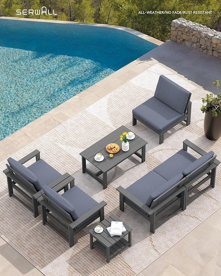 SERWALL HDPE Patio Coversation Set, 7-piece Outdoor Sectional Sofa Set, All Weather Patio Couch Set Patio Furniture for Balcony, Deck, Grey Frame with Grey Cushion - LeafyLoom