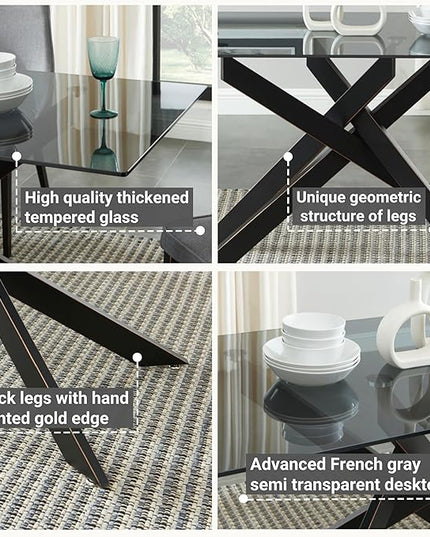 Modern Style Dining Table with Tempered Glass Top and Metal Tubular Legs, 58.5”Lx29”Wx30”H, Black - LeafyLoom