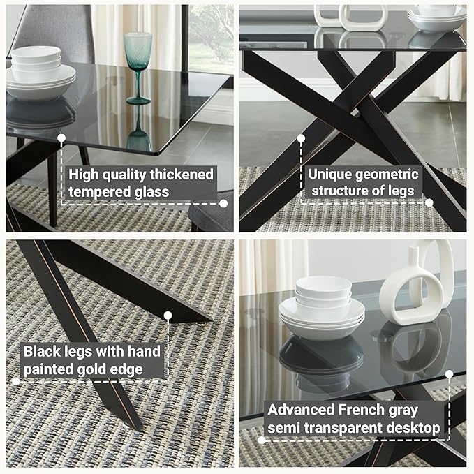 Modern Style Dining Table with Tempered Glass Top and Metal Tubular Legs, 58.5”Lx29”Wx30”H, Black - LeafyLoom