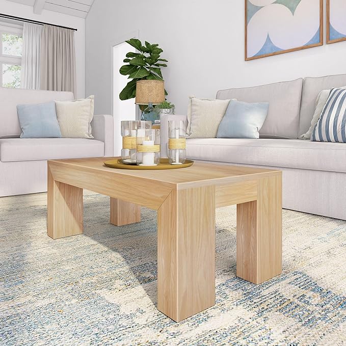 Plank+Beam Modern Rectangular Coffee Table, Solid Wood, 40 Inch, Rectangle Coffee Table for Living Room, Mini Center Tables for Small Spaces, Small Living Space Tea Table, Blonde Wirebrush - LeafyLoom