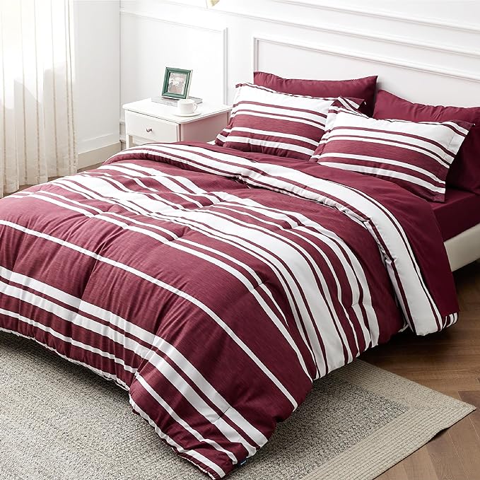 Bedsure Bed in a Bag California King Size 7-Piece Burgundy White Striped Bedding Comforter Sets All Season Bed Set, 2 Pillow Shams, Flat Sheet, Fitted Sheet and 2 Pillowcases - LeafyLoom