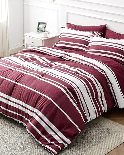 Bedsure Bed in a Bag King Size 7-Piece Burgundy White Striped Bedding Comforter Sets All Season Bed Set, 2 Pillow Shams, Flat Sheet, Fitted Sheet and 2 Pillowcases - LeafyLoom