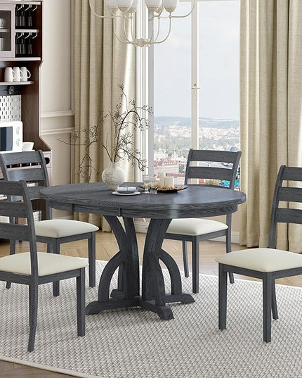 Farmhouse Round Pedestal 15.8" Removable Leaf, Extendable Kitchen w/Ladder Back Chairs, for Small Places, Room, 5 Piece Dining Table Set, Black 4 - LeafyLoom
