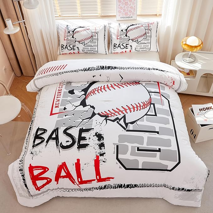 Baseball Bedding Full,Sports Comforter Set for Boys,Teen Boy Bedding Sets, Boys Baseball Comforter Set with 2 Pillowcases - LeafyLoom