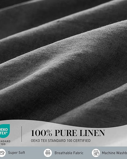 Simple&Opulence 100% Washed Linen Sheet Set-King Size-Natural France Flax Bed Sheet-4 Pcs Breathable,Ultra Soft,Farmhouse Bedding (1 Flat Sheet,1 Fitted Sheet,2 Pillowcases)-Embroidery Dark Grey - LeafyLoom
