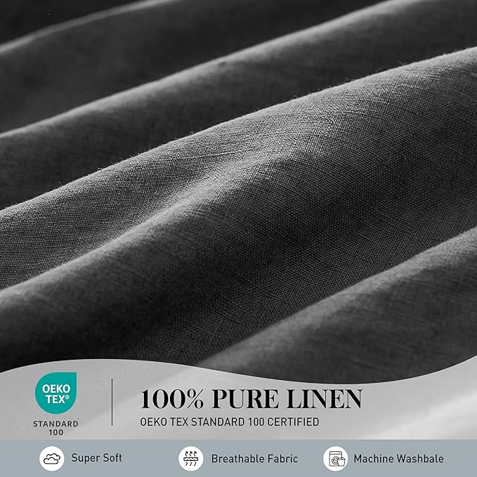 Simple&Opulence 100% Washed Linen Sheet Set-King Size-Natural France Flax Bed Sheet-4 Pcs Breathable,Ultra Soft,Farmhouse Bedding (1 Flat Sheet,1 Fitted Sheet,2 Pillowcases)-Embroidery Dark Grey - LeafyLoom