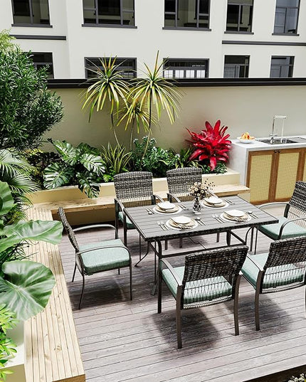 Pamapic Patio Dining Table Set, Outdoor Dining Set 7 Piece, Outdoor Wicker Furniture Set with Removable Cushions for Backyard Garden Deck/Iron Slats Table Top(Green) - LeafyLoom