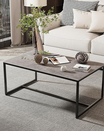 Wisfor Sintered Stone Coffee Table: Grey Sofa Center Table with Black Metal Frame - Rectangular Furniture Decor Table for Living Room, 39.4x23.6x15.7 Inch - LeafyLoom