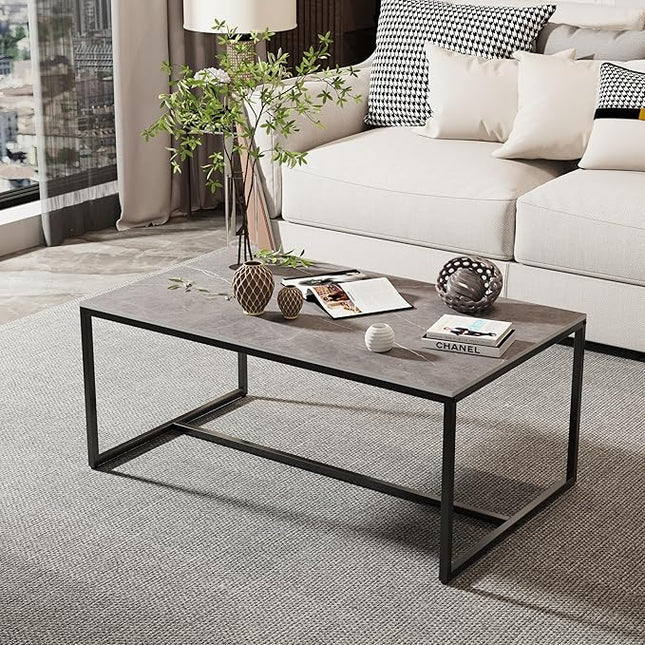Wisfor Sintered Stone Coffee Table: Grey Sofa Center Table with Black Metal Frame - Rectangular Furniture Decor Table for Living Room, 39.4x23.6x15.7 Inch - LeafyLoom