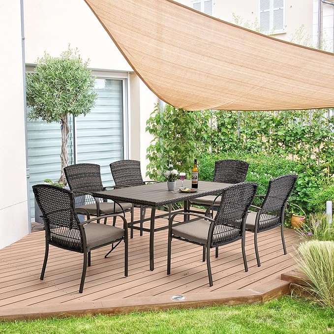 Patio Dining Set for 6, 7 PCS Patio Table & Chair Set, Metal Slatted Table with 2" Umbrella Hole, All-Weather Wicker Patio Dining Furniture with Removable Cushions for Deck, Lawn, Garden(Beige) - LeafyLoom