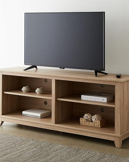 ROCKPOINT 58inch TV Stand Media Console for TV’s up to 65 Inches, Home Living Room Storage Console, Entertainment Center with 4 Open Storage Shelves, Modern TV Console Table (Natural) - LeafyLoom