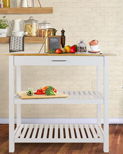 Casual Home Solid Wood Kitchen Island, Natural Maple Top, White Base (New) 40*20*36.5inch - LeafyLoom