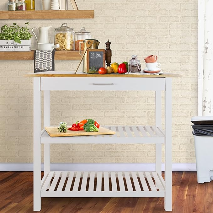 Casual Home Solid Wood Kitchen Island, Natural Maple Top, White Base (New) 40*20*36.5inch - LeafyLoom