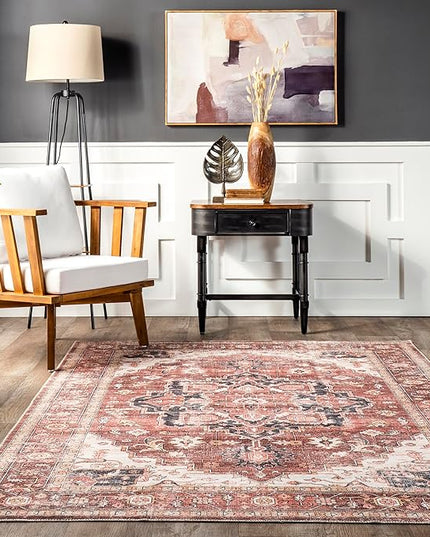 nuLOOM Emmy Faded Persian Machine Washable Ultra Thin Area Rug, 5' x 8', Red - LeafyLoom