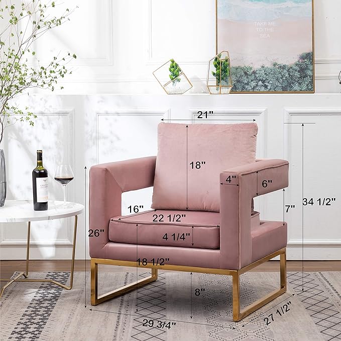 Roundhill Furniture Lenola Upholstered Accent Arm Chair, Pink 27.5D x 29.75W x 34.5H in - LeafyLoom