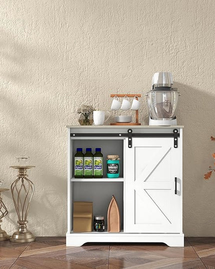 Panana Sliding Barn Door Buffet Sideboard Storage Cabinet Coffee Bar Kitchen Farmhouse Style (White Cabinet Nature Top) - LeafyLoom