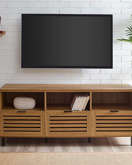 Walker Edison Modern Wood TV Stand with Slat Doors for TV's up to 65" Flat Screen Living Room Storage Cabinet Doors and Shelves Entertainment Center, 58 Inch, English Oak - LeafyLoom