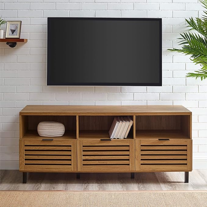 Walker Edison Modern Wood TV Stand with Slat Doors for TV's up to 65" Flat Screen Living Room Storage Cabinet Doors and Shelves Entertainment Center, 58 Inch, English Oak - LeafyLoom