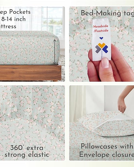 California Design Den Printed Pattern Rose Queen Sheet Set, 100% Cotton Sateen 4 Pc Deep Pocket Queen Sheets & Pillowcase Set - Vintage Rose - LeafyLoom