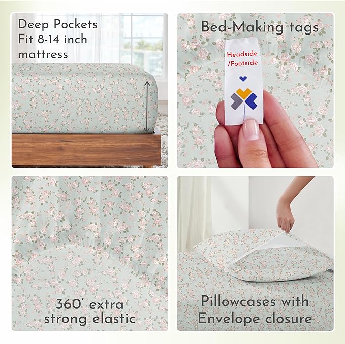 California Design Den Printed Pattern Rose Queen Sheet Set, 100% Cotton Sateen 4 Pc Deep Pocket Queen Sheets & Pillowcase Set - Vintage Rose - LeafyLoom