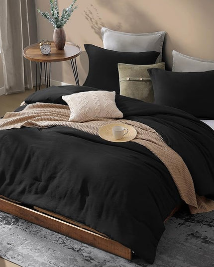 Black King Size Comforter set, Lightweight Comforter for Crinkle Design King Bedding Set, Bed Sets King 3 Piece with Minimalist Comforter & Shams (King, 102"x90") - LeafyLoom