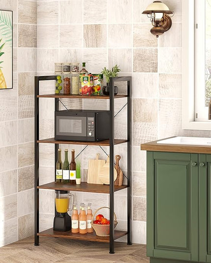 VERMESS 4-Tier Bookshelf, 24 inch Wood Bookcase with Open Shelves, Rustic Brown Book Shelf Storage Shelving Unit, Industrial Standing Bookshelves Metal Frame Display Rack for Living Room, Bedroom - LeafyLoom