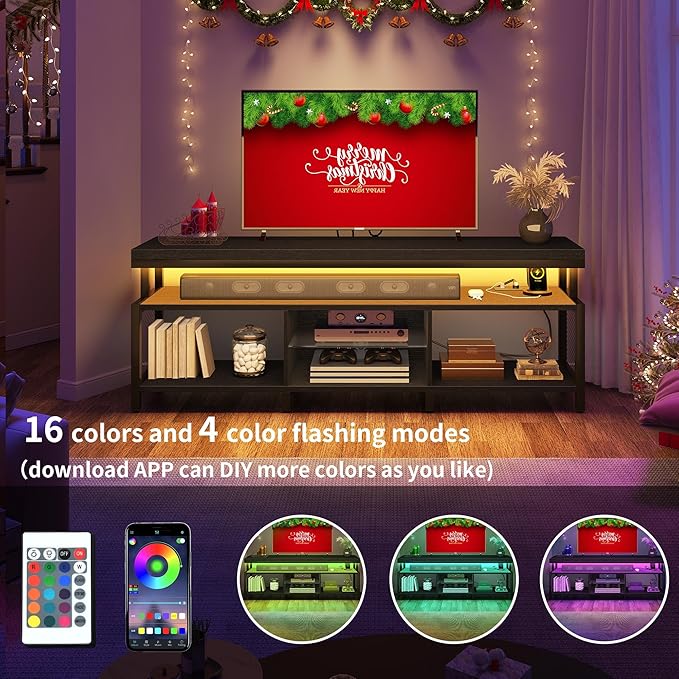 YITAHOME LED Television Stands w/Power Outlets for 70/65 inch, Modern Industrial TV Stand, Entertainment Center w/Open Storage TV Table, Entertainment Center for 360lbs for Living Room,Black - LeafyLoom